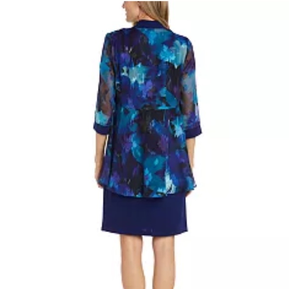 R & M Richards Navy Blue Floral Printed Sheer Jacket And Sheath Dress - Picture 3 of 16
